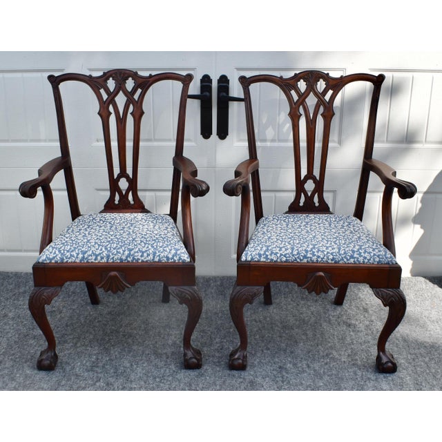 Chippendale Antique Pair Mahogany Armchairs Chippendale Style Carved Ball Claw Foot Dining For Sale - Image 3 of 18