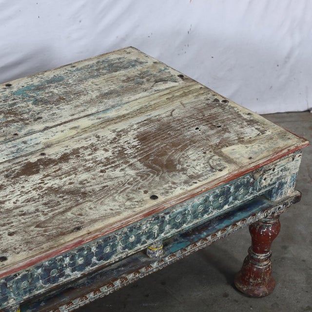 Antique Indian Painted Teakwood Low Table, c. 1880-1900, found in Rajasthan. It has all of the bells and whistles, with...