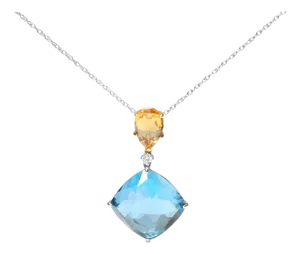 18K White and Yellow Gold Diamond Accent and Yellow Citrine and Sky Blue Topaz Gemstone Dangle Drop