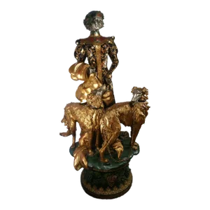 Monumental Early 20th Century Antique Art Nouveau Lady With Two Dogs Figurative Bronze Sculpture