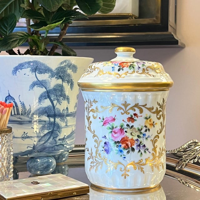 French 1960s Camille Le Tellac hand-painted jar with flowers and gilt accents // made in Paris // elegant French style decor // porcelain jar with lid For Sale - Image 3 of 18