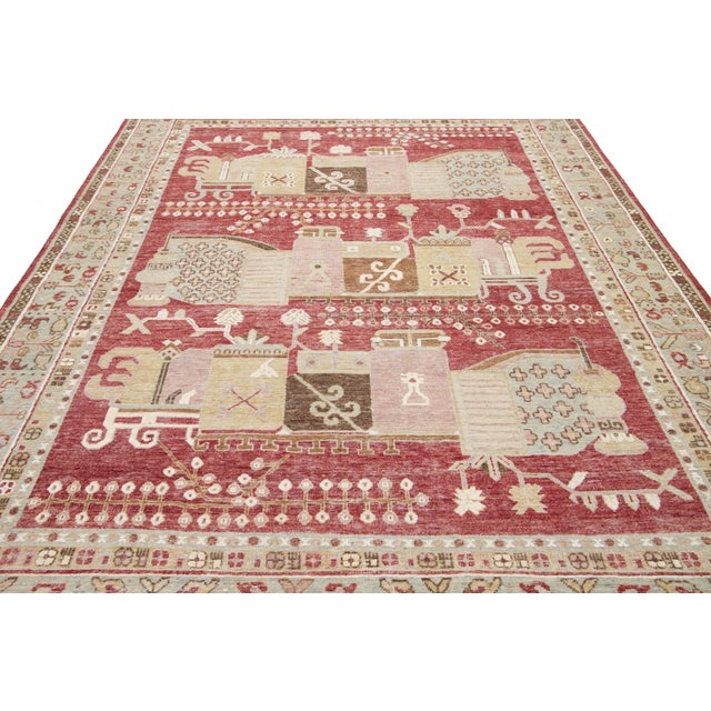 8 X 10 Apadana's Modern Samarkand Style Handmade Indian Wool Rug in Red For Sale In New York - Image 6 of 11