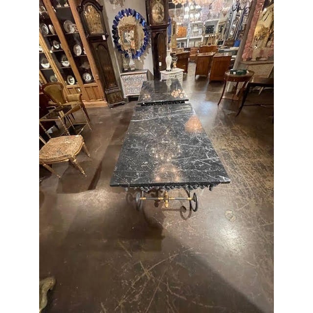  French Steel and Bronze Bakers Tables With Original Grey Marble Tops For Sale - Image 10 of 10