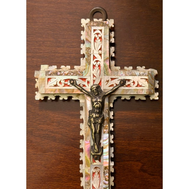 This beautiful mid-century crucifix was handcrafted in the Holy Land. The exquisite mother-of-pearl inlay was carved in an...
