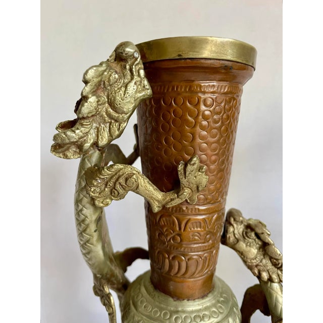 Pair of Antique Asian Tibetan Copper Brass Dragon Vases For Sale - Image 4 of 12