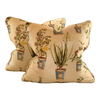 Hand-Printed European Fabricut Vervain Botanique Green Rusty-Red Turquoise Yellow Botanical Potted Floral Pillow Covers- 22" Pair For Sale