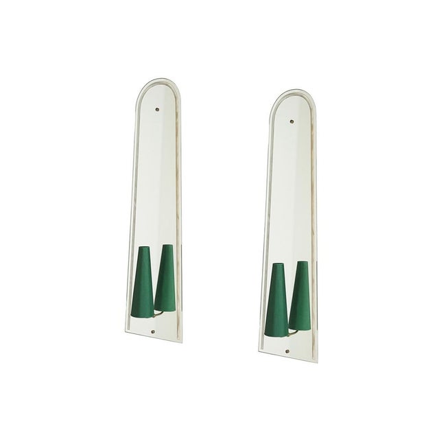 Large Italian Wall Mirrored Sconces with Dark Green Shades, 1950s, Set of 2 For Sale - Image 6 of 14