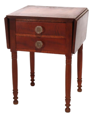 Antique Sheraton Cherry & Tiger Maple Two Drawer Drop Leaf Table C1840