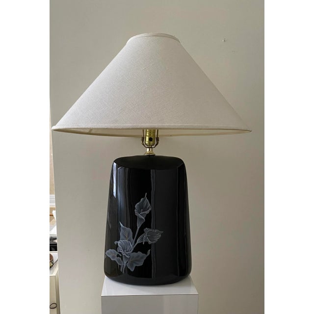 Black Art Deco 1980s Extra Large Black Ceramic Lamp With Calla Lily Motif For Sale - Image 8 of 8