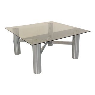Vintage Italian Space Age Square Coffee Table in Smoked Glass and Chromed Metal, 1970s For Sale