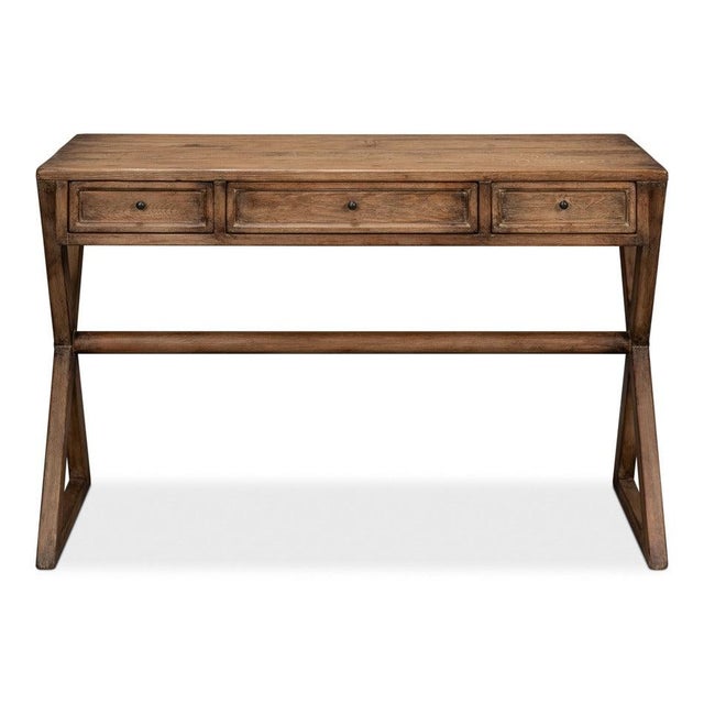 Antiqued reclaimed fir forms crossed legs at each end, joined by a turned stretcher and finished in warm brown. Every knot...