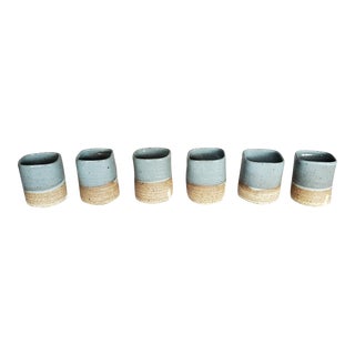 Late 20th Century Asian Wabi Sabi Blue Gray Ceramic Tea Cups- Set of 6 For Sale