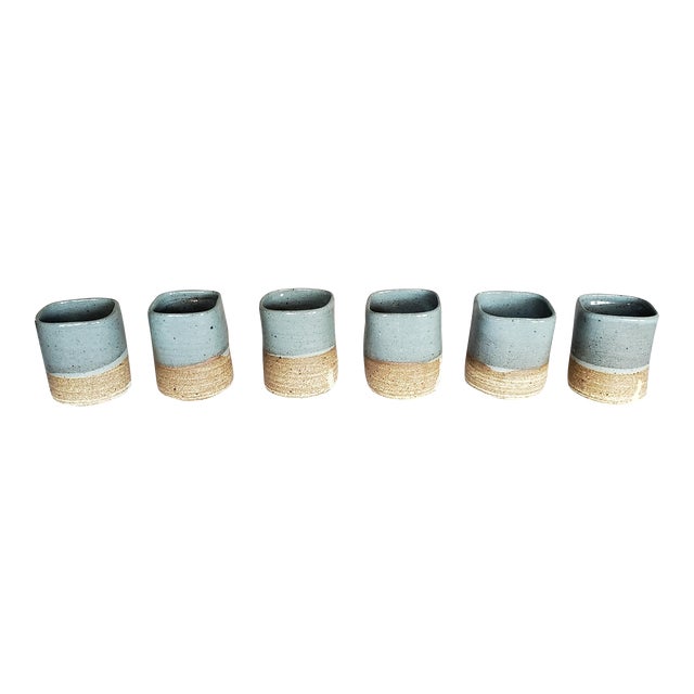 Late 20th Century Asian Wabi Sabi Blue Gray Ceramic Tea Cups- Set of 6 For Sale