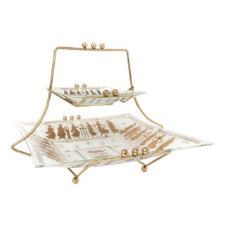 Mid Century Retro 2 Tiered Glass and Brass Tray Set For Sale