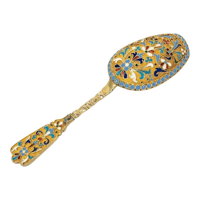 Antique Imperial Russian Silver Gilt Cloisonne Tea Caddy Spoon Moscow 1880 For Sale