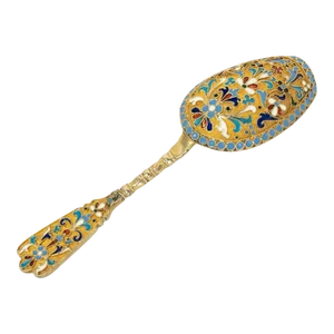 Antique Imperial Russian Silver Gilt Cloisonne Tea Caddy Spoon Moscow 1880