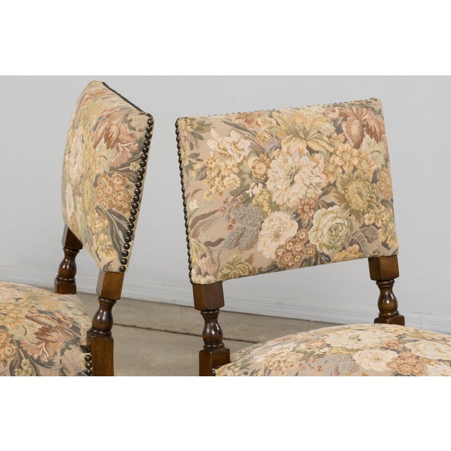 French Louis XIII Style Oak Barley Twist Dining Chairs W/ Floral Tapestry - Set of 8 For Sale - Image 16 of 18