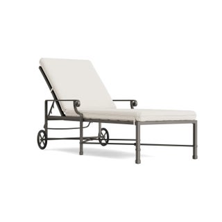 Brown Jordan Venetian Adjustable Chaise With Wheels, Mica frame with Fusion Natural fabric For Sale