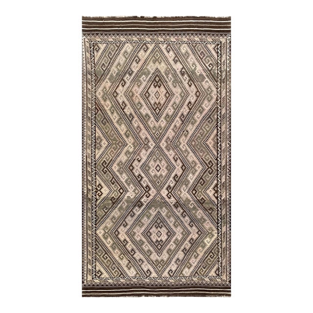 Maimana Kilim Area Rug, Handwoven Wool, 8x15, Ivory & Olive For Sale