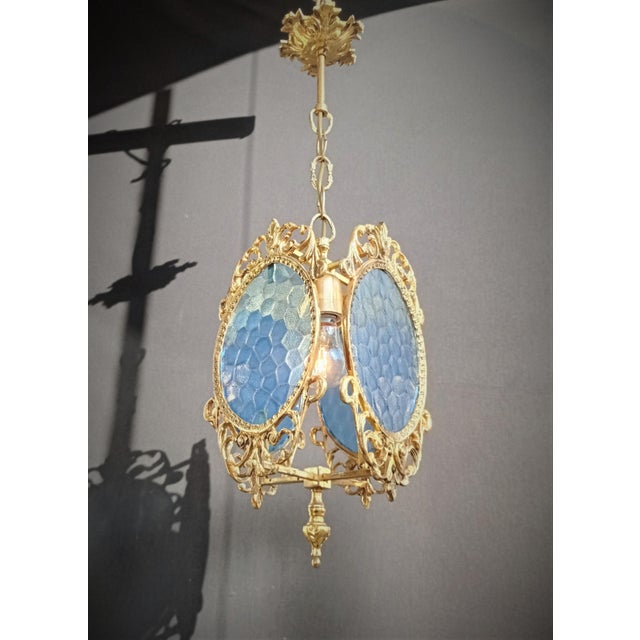 Blue 1960s Ceiling Light Vintage French Brass Blue Glass Chandelier For Sale - Image 8 of 14