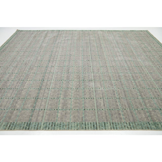 Modern Hand Loom Wool Rug in Gray and Green With Geometric Design For Sale - Image 4 of 11