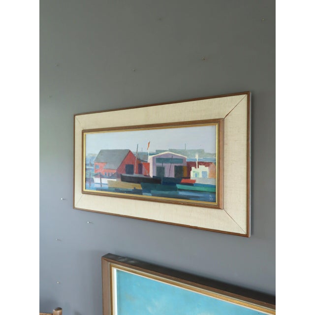 1971 Modernist 'The Colourful Harbour' Swedish Original Coastal Landscape Oil Painting, Framed For Sale - Image 6 of 12