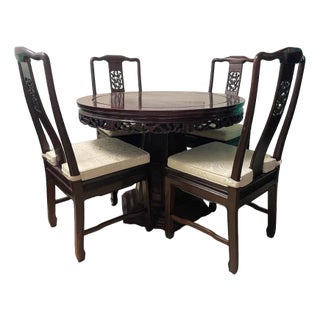 1990s Dark Cherry Rosewood Flower and Bird Round Oriental Dining Set With 4 Chairs - Set of 5 For Sale