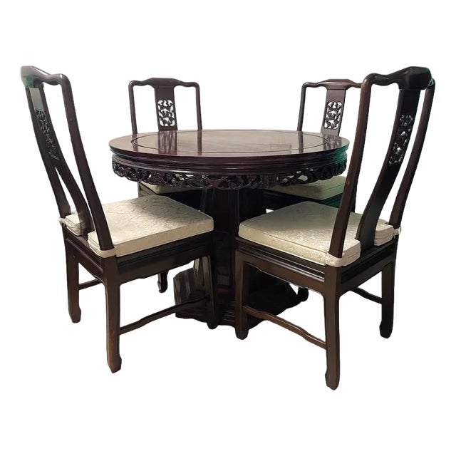 1990s Dark Cherry Rosewood Flower and Bird Round Oriental Dining Set With 4 Chairs - Set of 5 For Sale