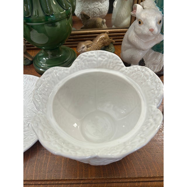 White Vintage Portuguese White Majolica Cabbage Ware Tureen With Lid and Underplate For Sale - Image 8 of 10