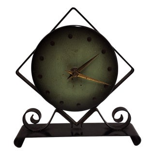 Mid-Century French Mechanical Table Clock with Black Iron Frame and Green Patinated Dial, 1950s For Sale