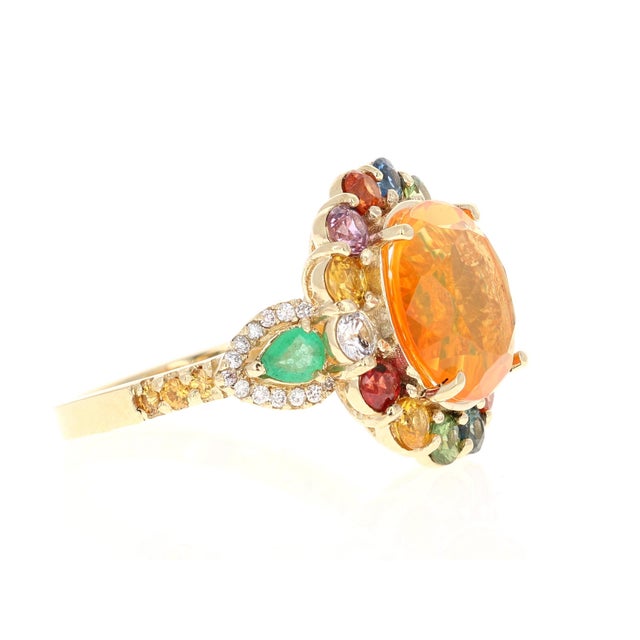 6.74 Carat Fire Opal Sapphire Diamond 14 Karat Yellow Gold Cocktail Ring Size 7 For Sale - Image 4 of 8