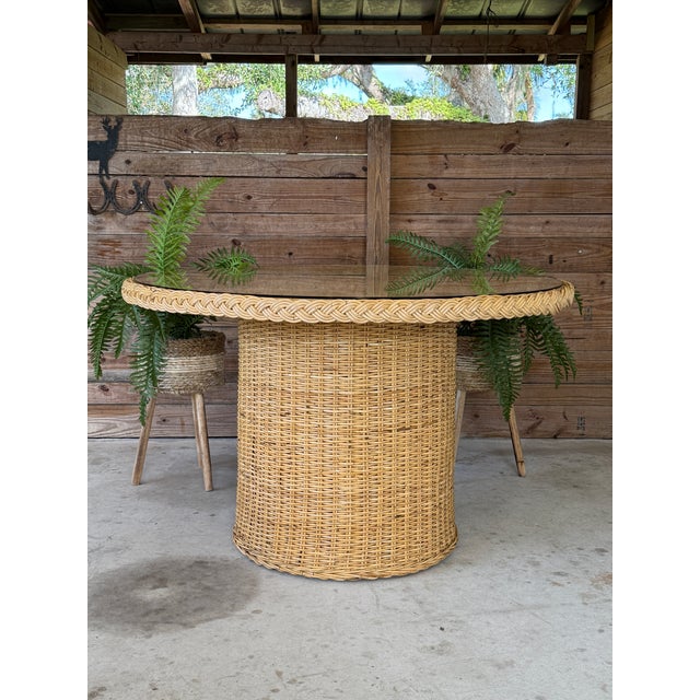Organic Modern Coastal Rattan Braid Dining Table by Wicker Works For Sale - Image 12 of 12