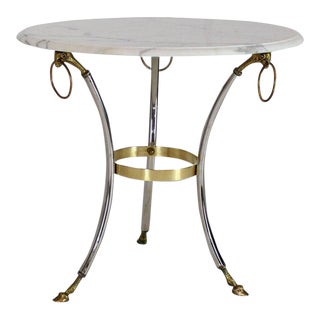 1970s Mid-Century Modern Brass Chrome Marble-Top Hoof Feet Large Rings Accents Table For Sale