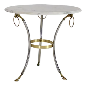 1970s Mid-Century Modern Brass Chrome Marble-Top Hoof Feet Large Rings Accents Table