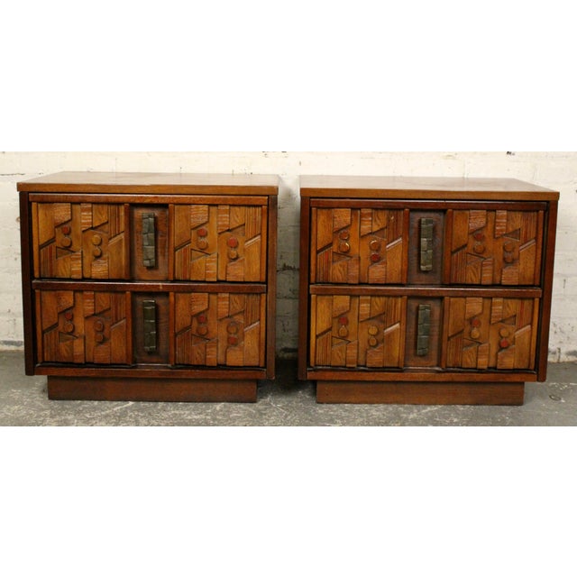 These nightstands are from Lane Furniture Co.'s "Pueblo" series. The series brings a splash of brutalism into the mid-...