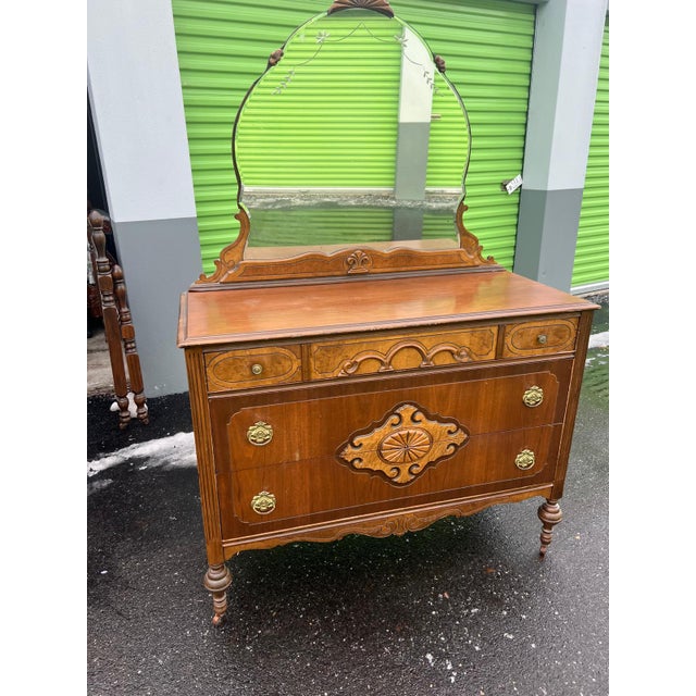 Traditional Antique Victorian Walnut Dresser With Carved Details & Mirror For Sale - Image 3 of 8