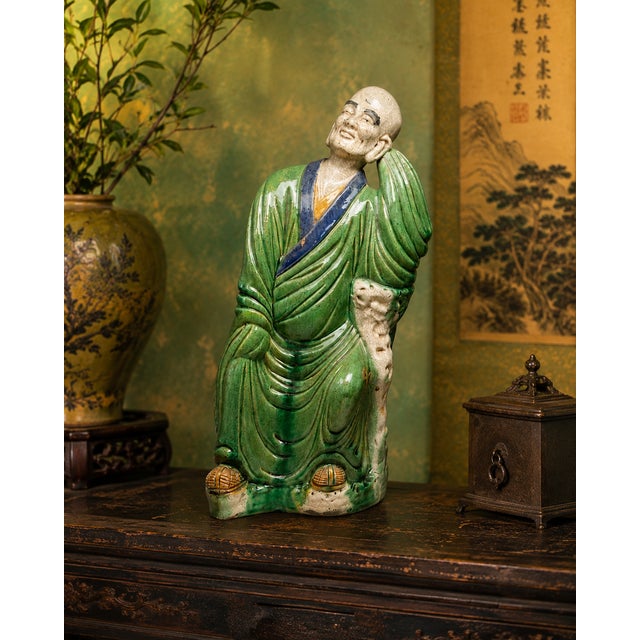 Large Antique Chinese Shiwan Crackle Glazed Luohan (Arhat) Pottery Figure, Early 20th Century, 19.6" For Sale - Image 9 of 10