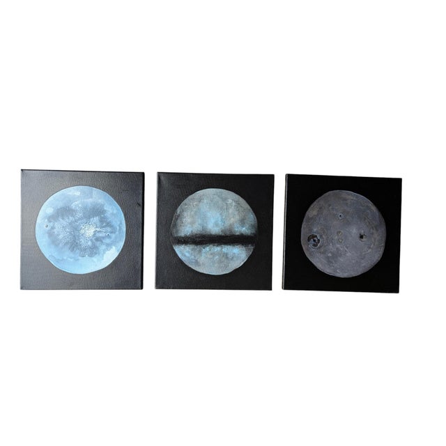 Textile Contemporary Original Planet Moon Triptych Paintings- Set of 3 For Sale - Image 7 of 12
