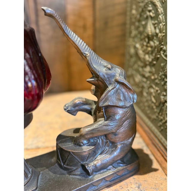 1930s Gibraltar Art Deco Spelter Elephant Table Lamp With Ruby Red Glass Shade For Sale - Image 11 of 13