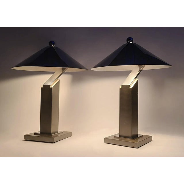 Restored Pair of Formidable Steel Table "Arquitectura" Table Lamps With Original Finials by Sergio Orozco for Brueton For Sale - Image 10 of 12