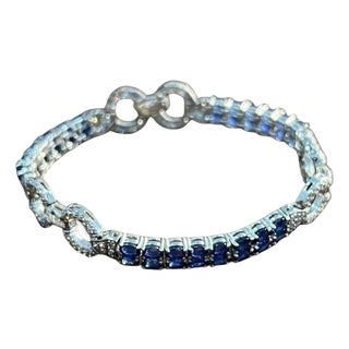 Blue Sapphire Tennis Line Diamond Pave Statement Unique 14k White Gold Bracelet For Sale
