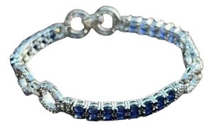 Blue Sapphire Tennis Line Diamond Pave Statement Unique 14k White Gold Bracelet