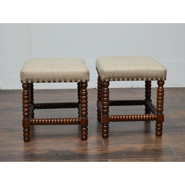 Brown Pair of English 19th Century Hardwood Bobbin Stools with Linen Upholstery For Sale - Image 8 of 11