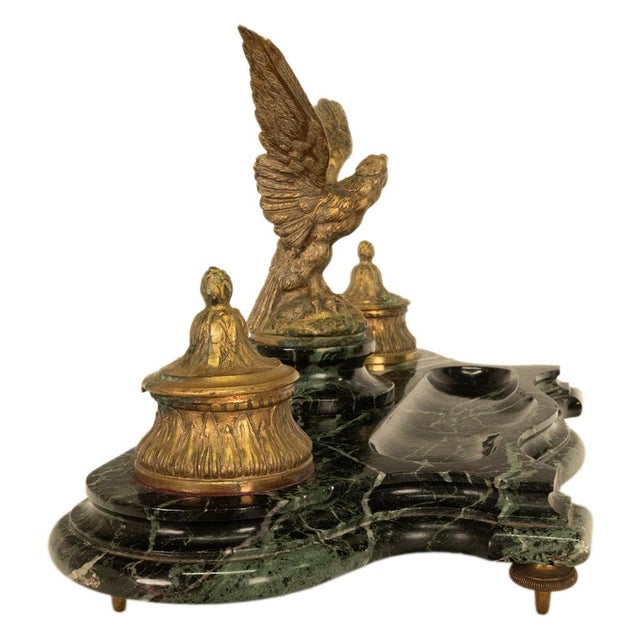 Antique 19thC French Empire Gilt Bronze Marble Eagle Desk Set Twin Inkwell 1880 For Sale - Image 11 of 16