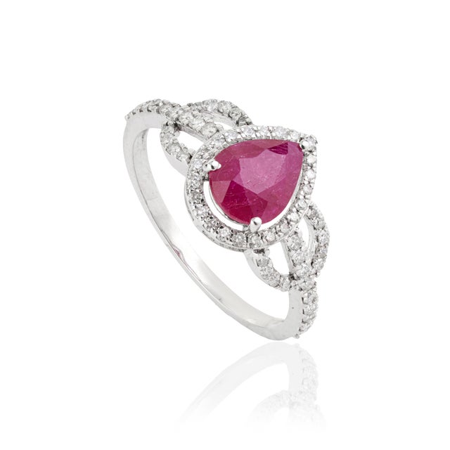 Natural 1.4ct Ruby & Diamond Halo Cocktail Ring Size 4 in 14k White Gold For Sale - Image 4 of 16