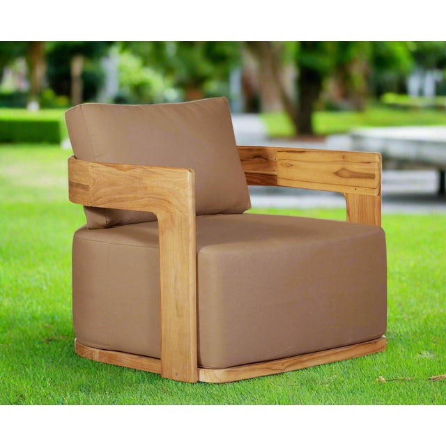 Eclipse Outdoor Solid Teak Wood Revolving Chair - Light Brown Fabric For Sale - Image 11 of 11