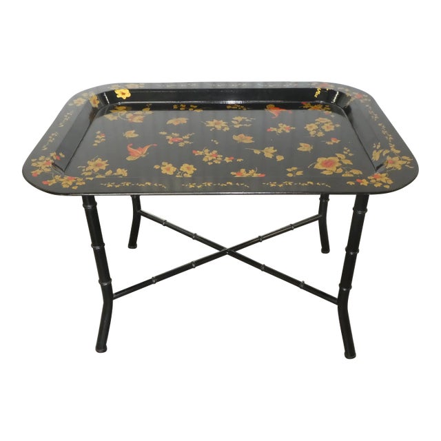 1970s Italian Painted Tole Tray Table With Faux Bamboo Legs For Sale