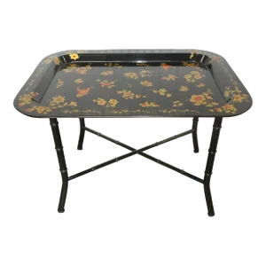 1970s Italian Painted Tole Tray Table With Faux Bamboo Legs