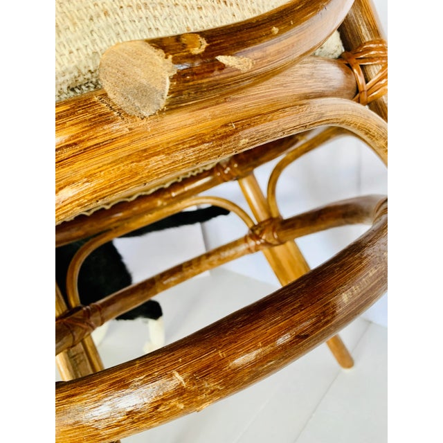 1970s 1970’s Palm Beach, Coastal Vintage Lattice Back Rattan Bamboo Wicker Cane Horseshoe Chairs With Original Upholstery - A Pair For Sale - Image 5 of 11