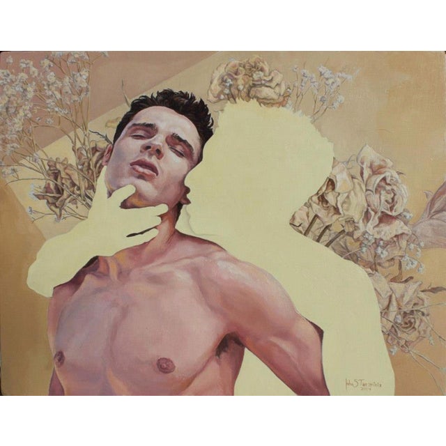 Baby's Breath and Roses by John Tarantola | Oil on Panel Portrait of a man with flowers For Sale